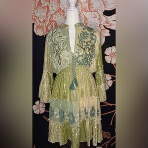 Papa Pia Boho Embroidered Tiered Green and Cream Shimmer Dress with Gold Accents